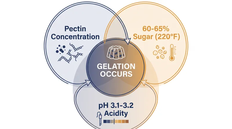 High-methoxyl pectin requires three simultaneous conditions to form a stable gel network.