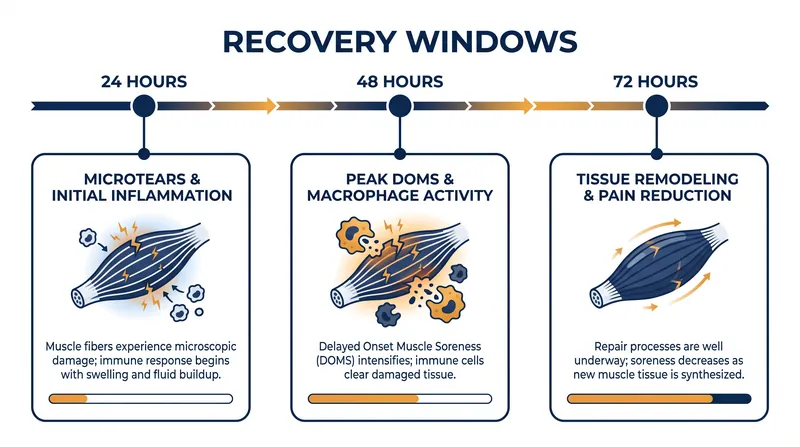 The standard physiological timeline for muscle repair following a high-intensity running effort.