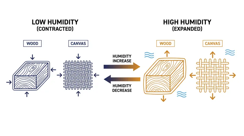 Organic materials naturally absorb and release moisture, causing microscopic expansion and contraction.