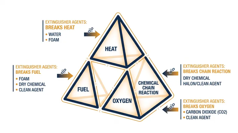 The fire tetrahedron model demonstrates how different chemical agents target specific requirements for combustion.