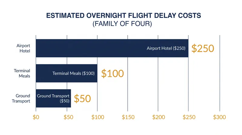 Without airline-provided vouchers, stranded passengers absorb hundreds of dollars in unexpected overnight expenses.
