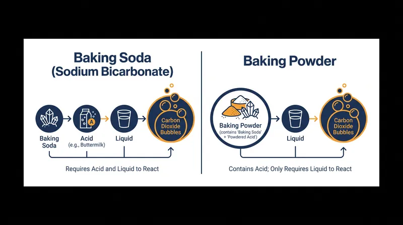 Baking powder is a self-contained leavening system, whereas baking soda relies on the recipe's ingredients.