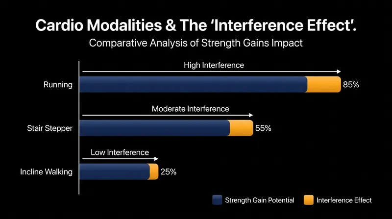 High-impact, eccentric-heavy cardio modalities cause the greatest interference with muscle hypertrophy.