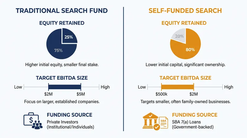Comparing the structural differences between traditional and self-funded search models.