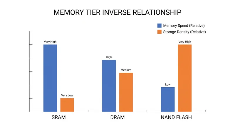 Faster memory technologies require significantly more physical space per bit.