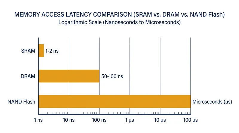 The latency penalty increases exponentially at each step down the memory hierarchy.