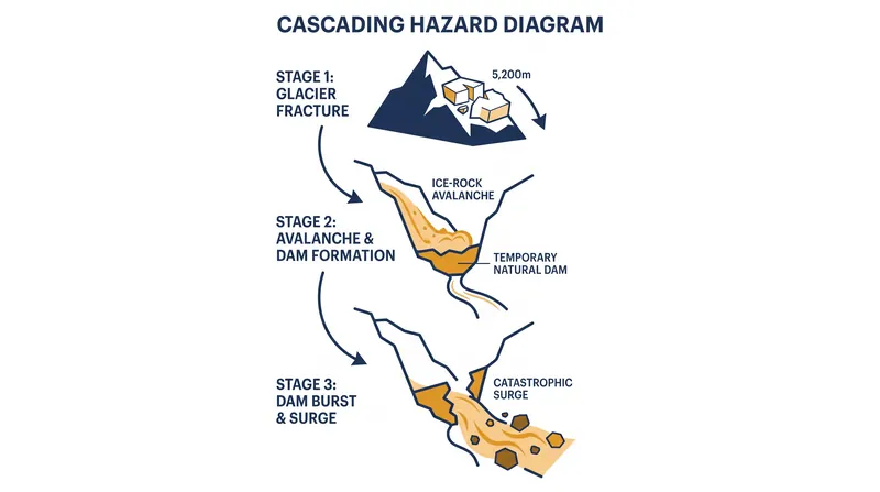 How a single glacial fracture at 5,200 meters compounded into a multi-hazard catastrophe.