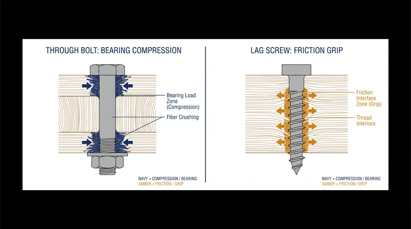 Bearing vs. Friction: How the two fasteners transfer weight into the surrounding wood fibers.