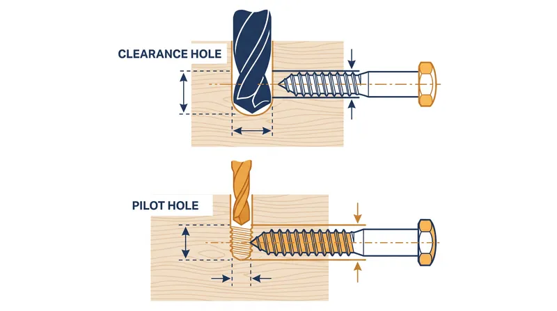 Lag screws require two distinct pilot hole diameters to prevent the steel head from shearing off during installation.