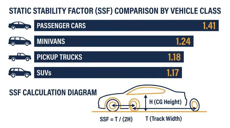 Passenger cars historically maintain a significantly higher Static Stability Factor than light trucks and SUVs.