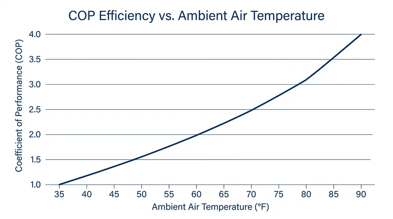 A heat pump's efficiency (COP) fluctuates based on the temperature of the air it draws from.