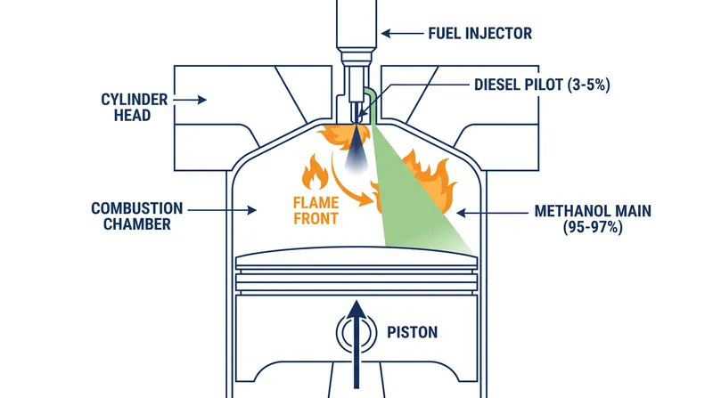 Because methanol resists compression ignition, a microscopic pilot injection of diesel is required to trigger combustion.