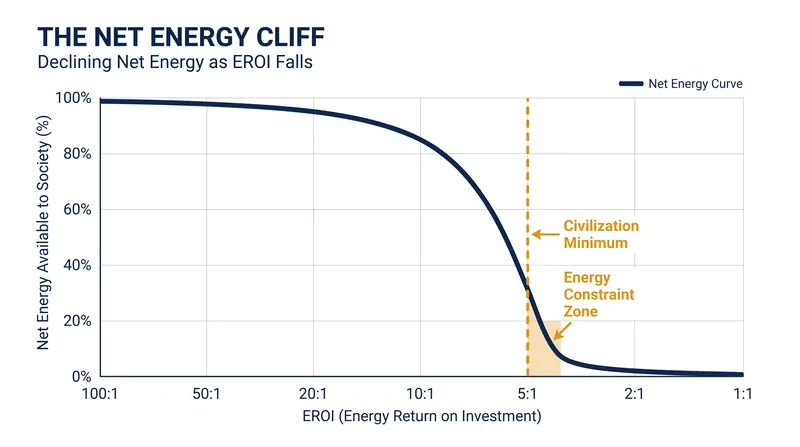 As the Energy Return on Investment (EROI) falls below 10:1, the energy sector begins to rapidly cannibalize its own output.
