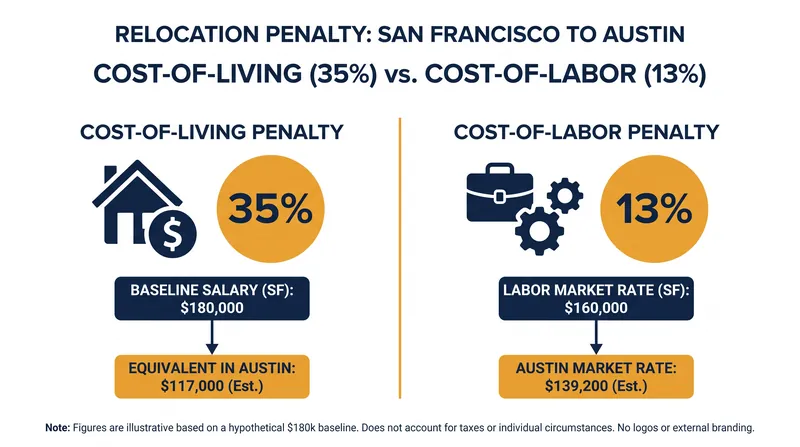Cost-of-living models consistently produce steeper salary cuts than cost-of-labor models for the same relocation.