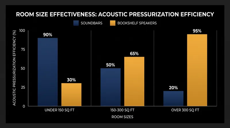 Soundbars excel in smaller spaces, while bookshelf speakers maintain dynamic range in larger rooms.