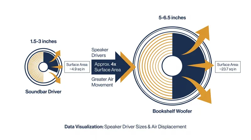 A standard bookshelf woofer moves significantly more air than the compact drivers found in soundbars.