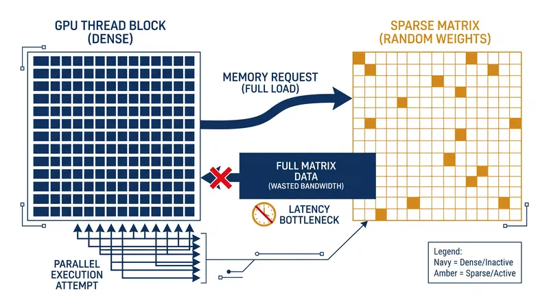 Standard silicon processors cannot natively skip randomly distributed zeros, meaning the 90% reduction in parameters does not immediately translate to faster inference.