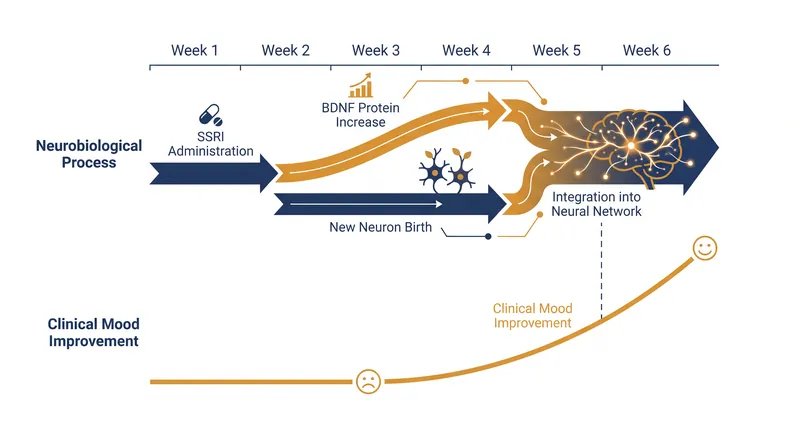 The 4-to-6 week timeline for SSRIs to take effect mirrors the biological timeline required for new neurons to mature.