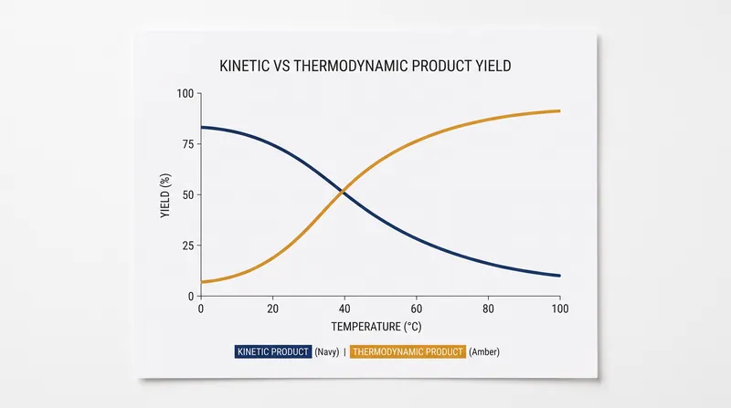 At low temperatures, the fast-forming kinetic product dominates. As temperature rises, the system shifts to favor the more stable thermodynamic product.
