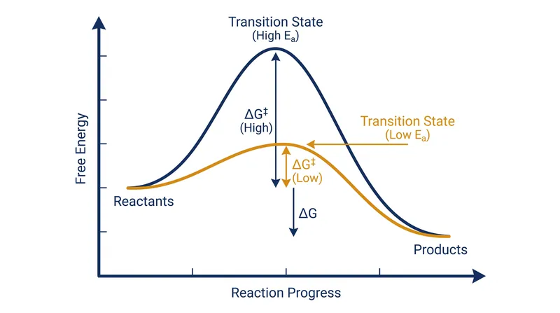 A reaction coordinate diagram illustrates the activation energy barrier that molecules must overcome to form products.