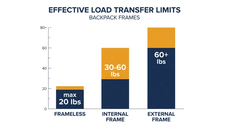 Frame material and design dictate the maximum weight a pack can effectively transfer before the suspension system collapses.