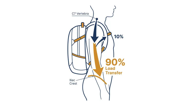 When the torso length is measured correctly, a rigid frame shifts up to 90% of the pack's weight onto the pelvis.
