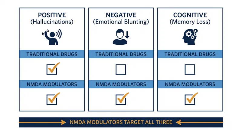 The three symptom clusters of schizophrenia and how treatment targets differ.