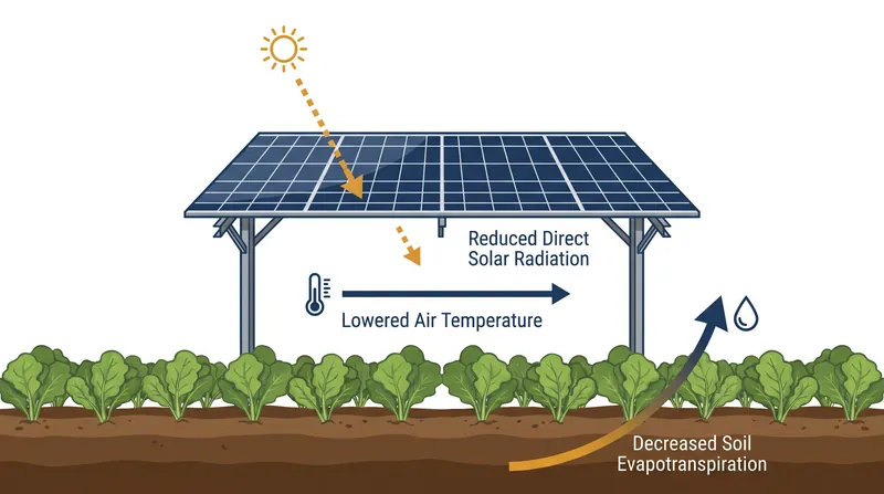 Structured shade from solar panels lowers ambient soil temperatures and reduces evapotranspiration, allowing crops to retain more water.