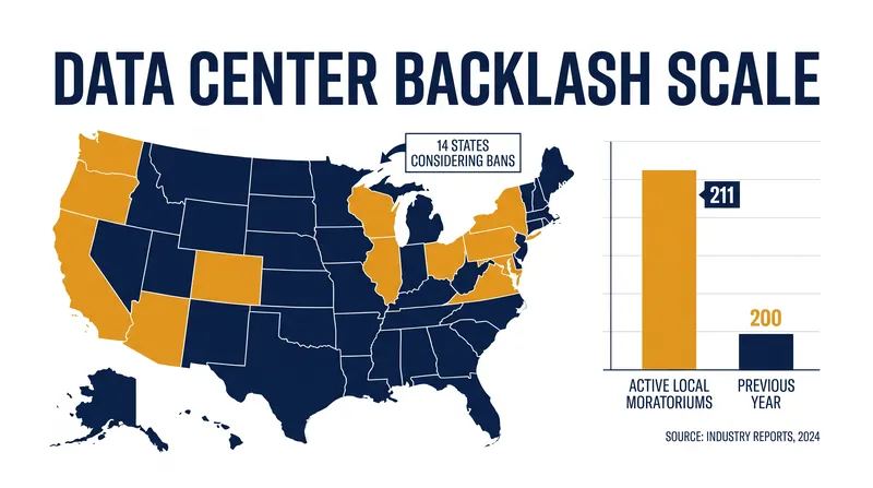 As of August 2026, over 200 local jurisdictions have enacted temporary bans on new data center construction.