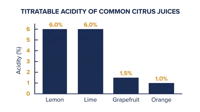 The steep drop in titratable acidity between lime and orange explains why substituting juices unbalances standard cocktail ratios.