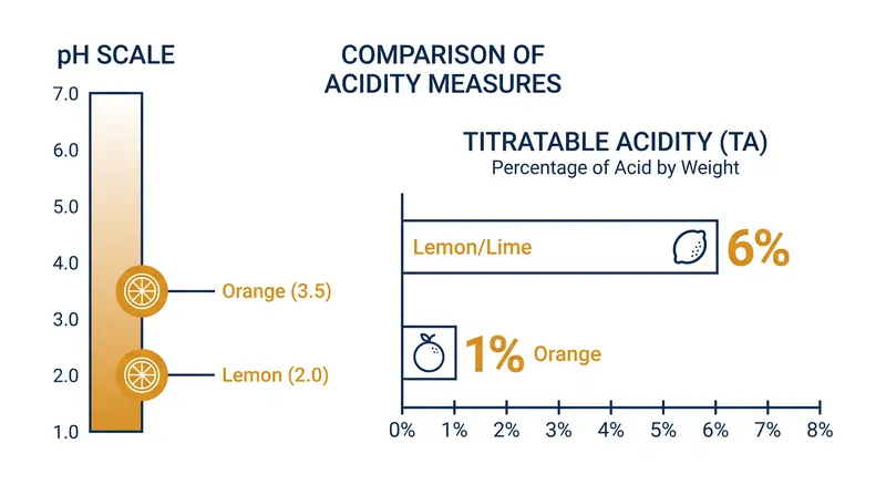 While pH measures hydrogen ion concentration, titratable acidity (TA) dictates the perceived sourness on the palate.