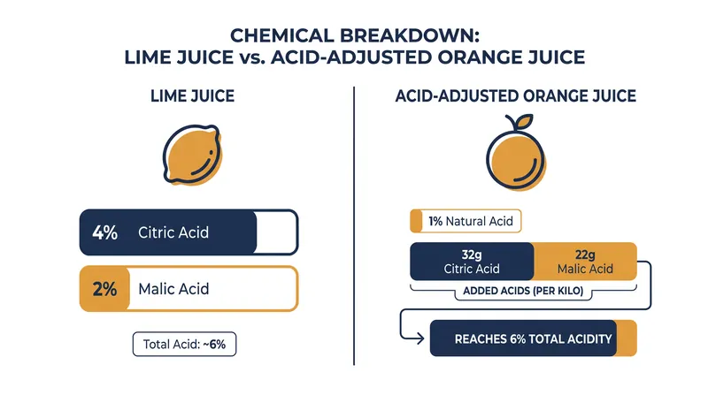 Acid-adjusting an alternative juice requires matching both the total acidity and the specific ratio of organic acids found in the target citrus.