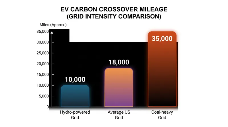 Vehicles charging on renewable-heavy grids reach carbon parity significantly faster than those relying on coal-fired power.