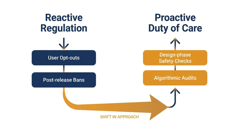 A duty of care framework shifts the regulatory focus from the user to the design phase.