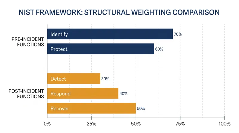 The framework structurally weights post-breach capabilities to force a shift toward assumed-breach resilience.