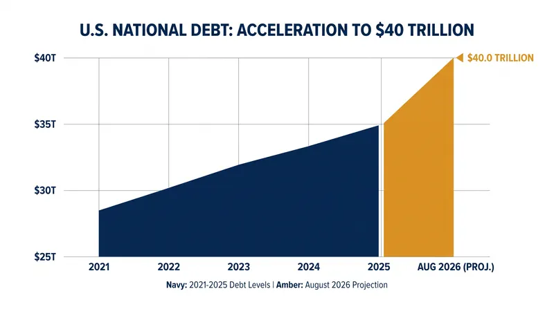 The U.S. national debt officially crossed $40 trillion in late August 2026, accelerating bond market sell-offs.