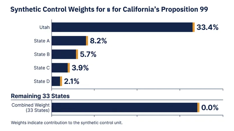 The algorithm discarded 33 of the 38 available donor states, building 'Synthetic California' primarily from Utah.