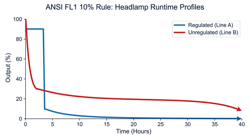 Two headlamps can claim vastly different runtimes depending on whether their internal drivers are regulated or unregulated.