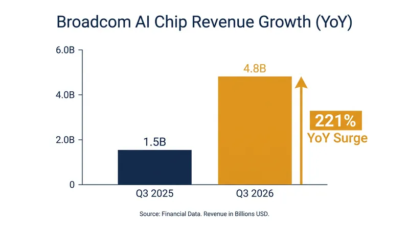 Broadcom reported a 221% year-over-year increase in AI semiconductor revenue for the third quarter of fiscal 2026.