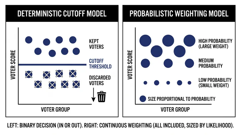 Probabilistic models assign fractional weights to low-propensity voters rather than erasing them entirely.