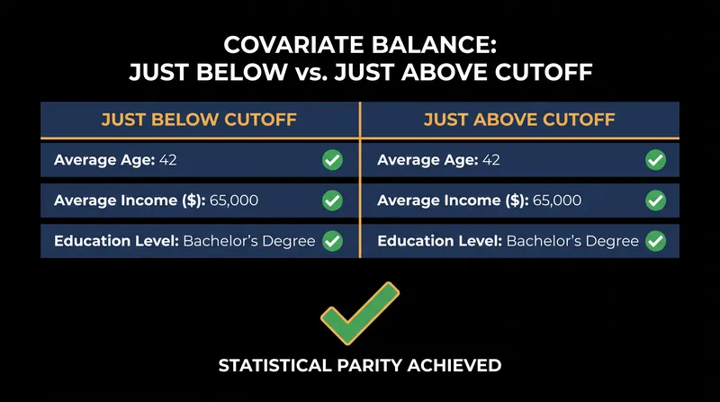 Covariate balance checks ensure that the groups on either side of the cutoff are statistically identical before treatment is applied.