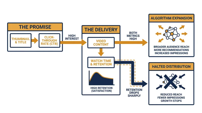 How the recommendation engine measures the gap between a thumbnail's promise and the video's delivery.