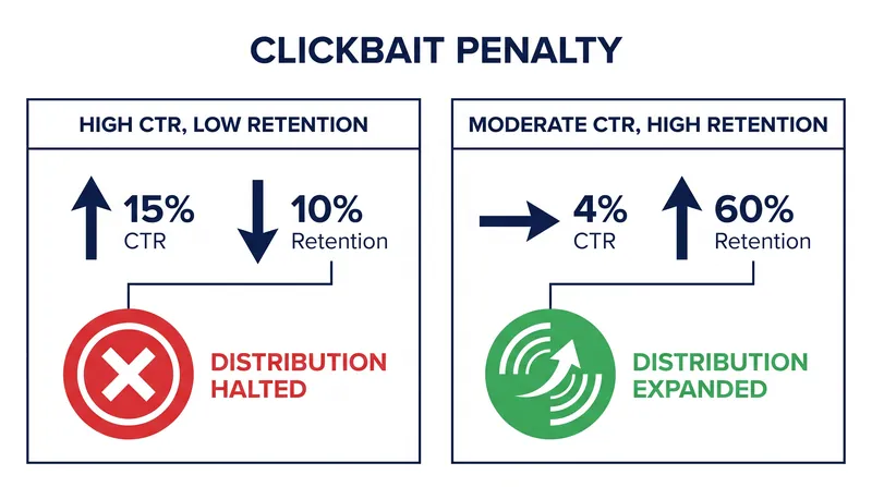 Videos that generate clicks but fail to hold attention are actively suppressed by the system.