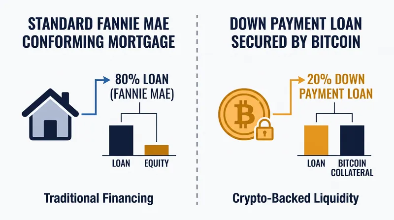 The structure pairs a traditional conforming mortgage with a separate, crypto-backed down payment loan.