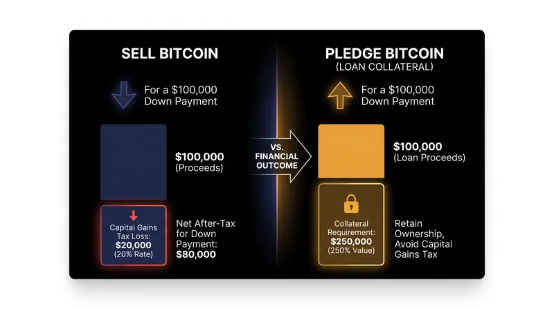 Pledging Bitcoin defers capital gains taxes but requires heavy overcollateralization.