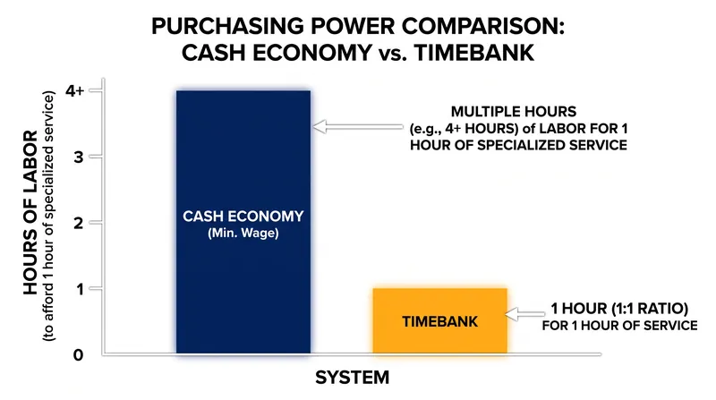 By bypassing market rates, timebanks create massive purchasing power arbitrage for low-income participants.