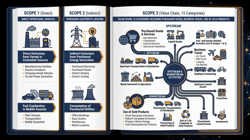 Scope 1 and 2 cover direct operational control, while Scope 3 encompasses 15 distinct categories across the broader value chain.