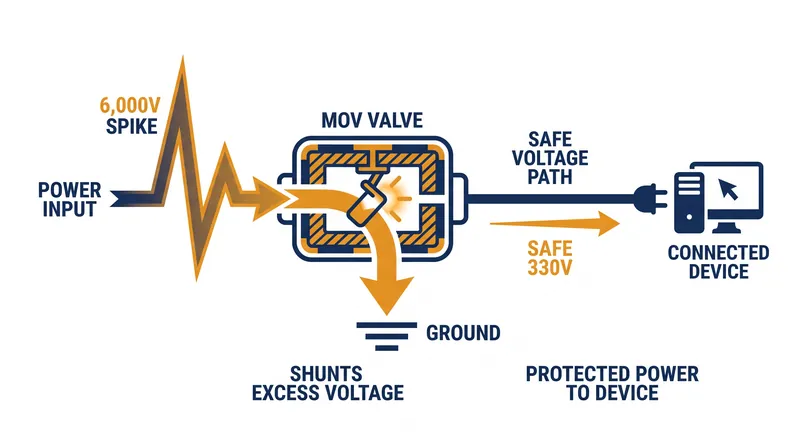 A surge protector's internal components act as a pressure relief valve, shunting excess voltage to the ground wire.