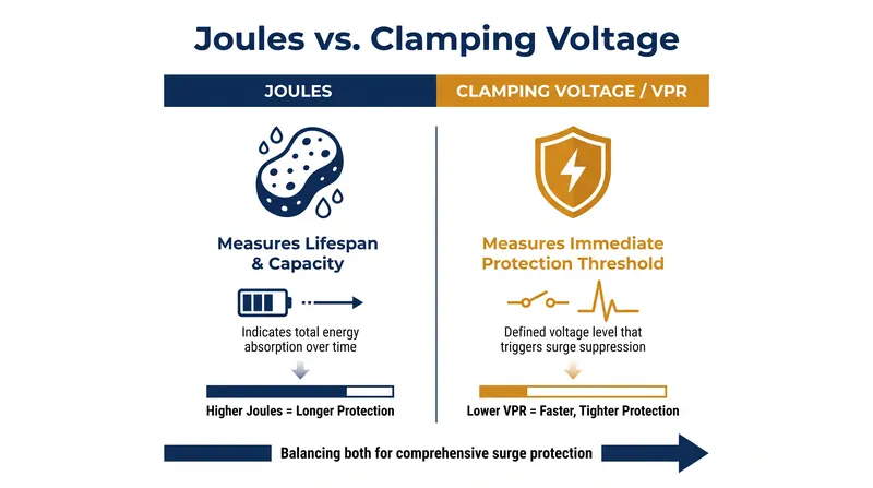 While Joules dictate how long a surge protector will last, clamping voltage dictates whether connected devices survive a strike.