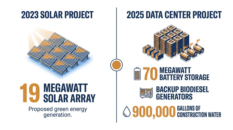 The developer's amended application swapped a 19-megawatt solar array for a high-density server farm and 70-megawatt battery system.